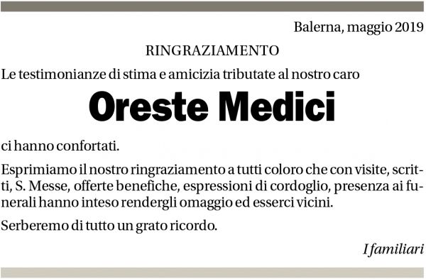 Annuncio funebre Oreste Medici