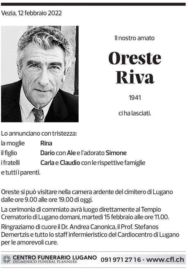 Annuncio funebre Oreste Riva