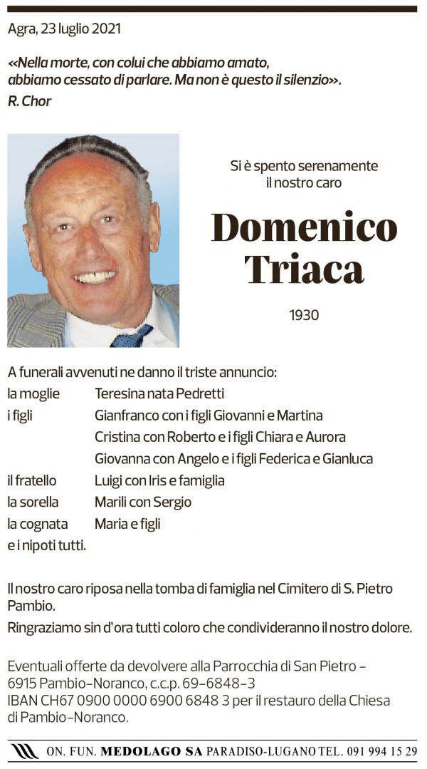 Annuncio funebre Domenico Triaca