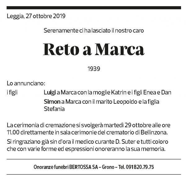 Annuncio funebre Reto A Marca