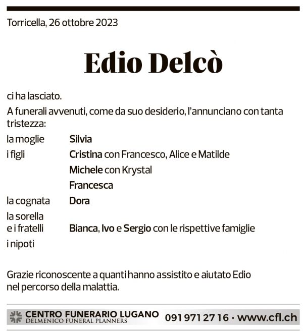 Annuncio funebre Edio Delcò