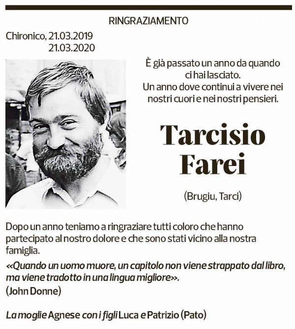Annuncio funebre Tarcisio Farei
