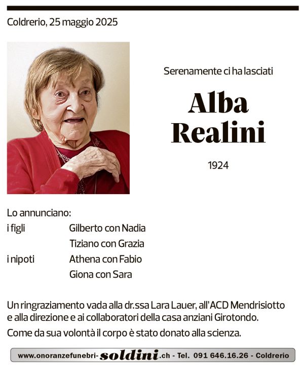 Annuncio funebre Alba Realini