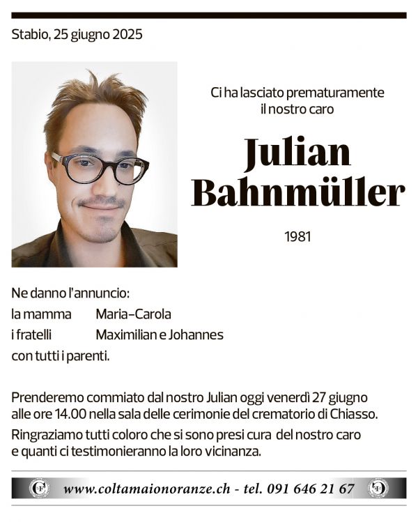 Annuncio funebre Julian Bahnmüller