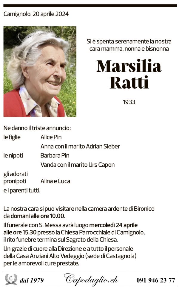 Annuncio funebre Marsilia Ratti