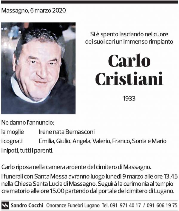 Annuncio funebre Carlo Cristiani