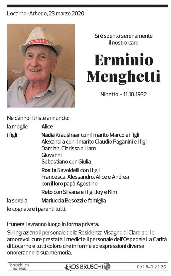 Annuncio funebre Erminio Menghetti