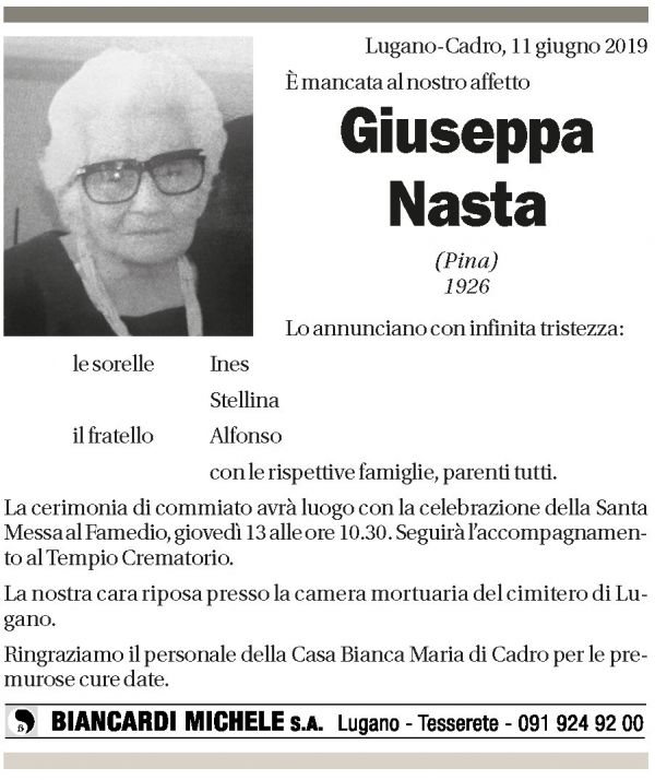 Annuncio funebre Giuseppa Nasta