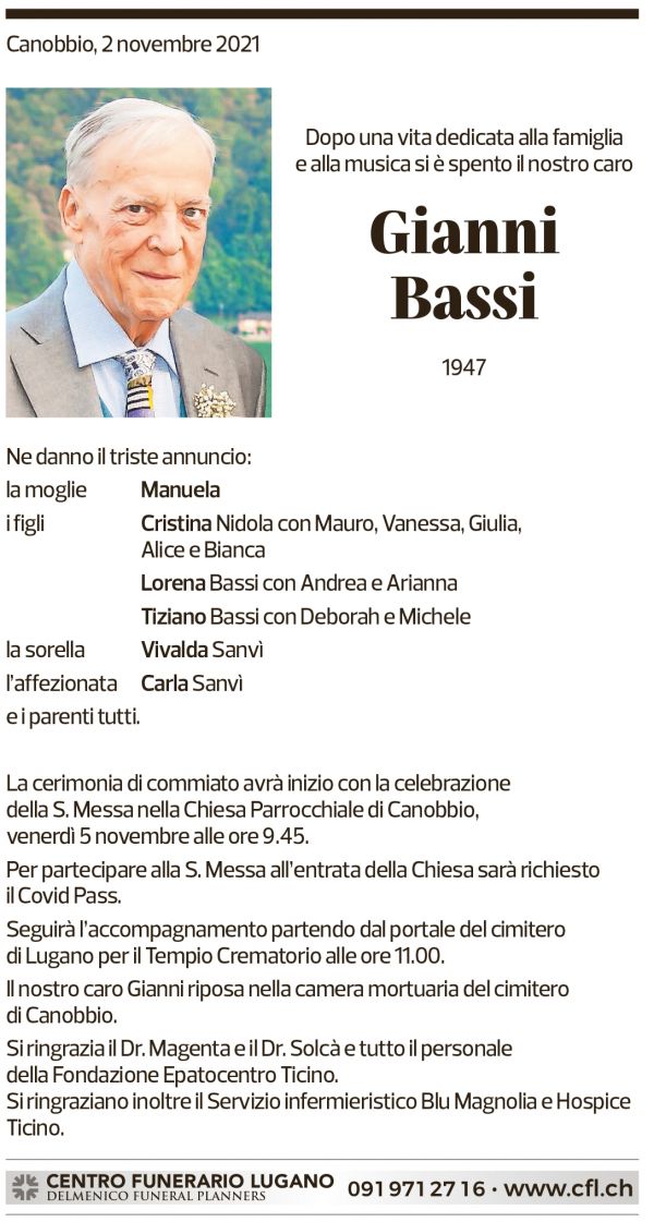 Annuncio funebre Gianni Bassi