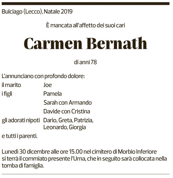 Annuncio funebre Carmen Bernath