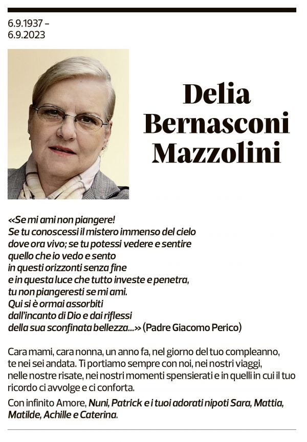 Annuncio funebre Delia Bernasconi Mazzolini