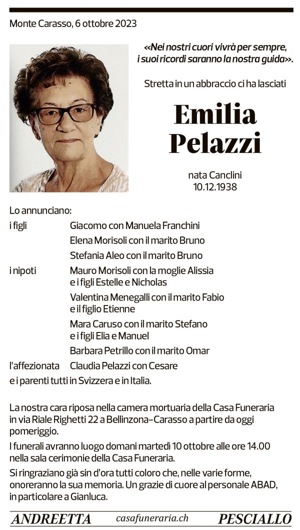 Annuncio funebre Emilia Pelazzi