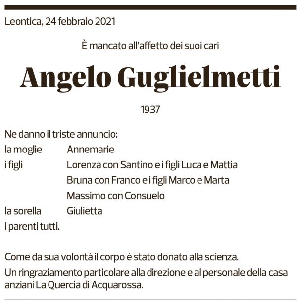 Annuncio funebre Angelo Guglielmetti