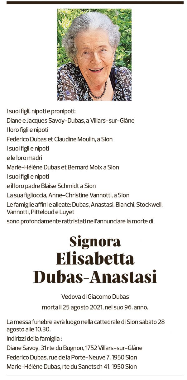 Annuncio funebre Elisabetta Dubas-anastasi