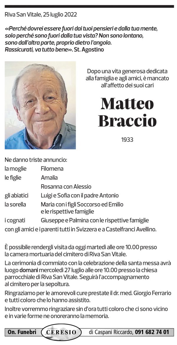 Annuncio funebre Matteo Braccio