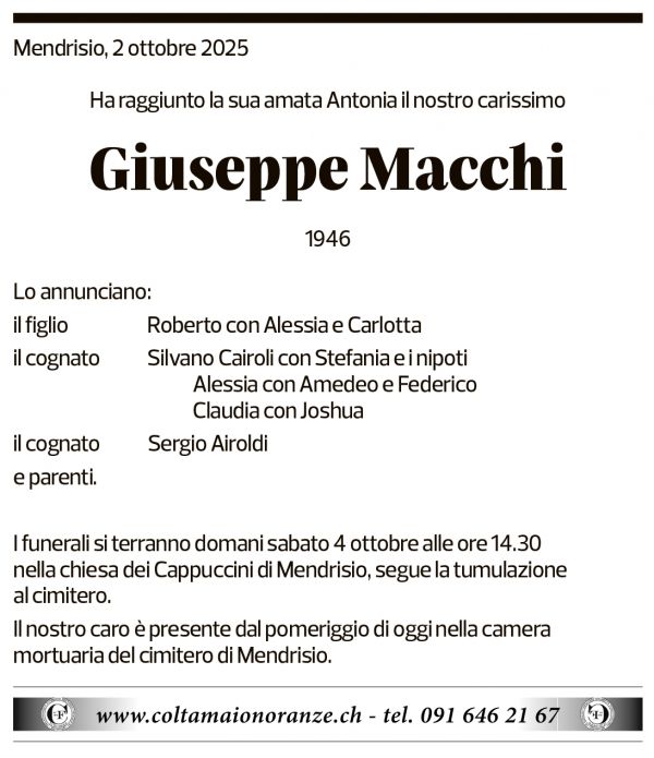 Annuncio funebre Giuseppe Macchi