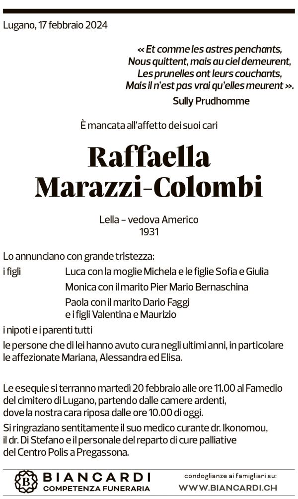 Annuncio funebre Raffaella Marazzi-colombi