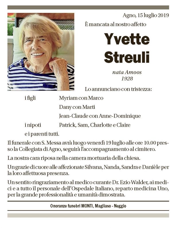 Annuncio funebre Yvette Streuli