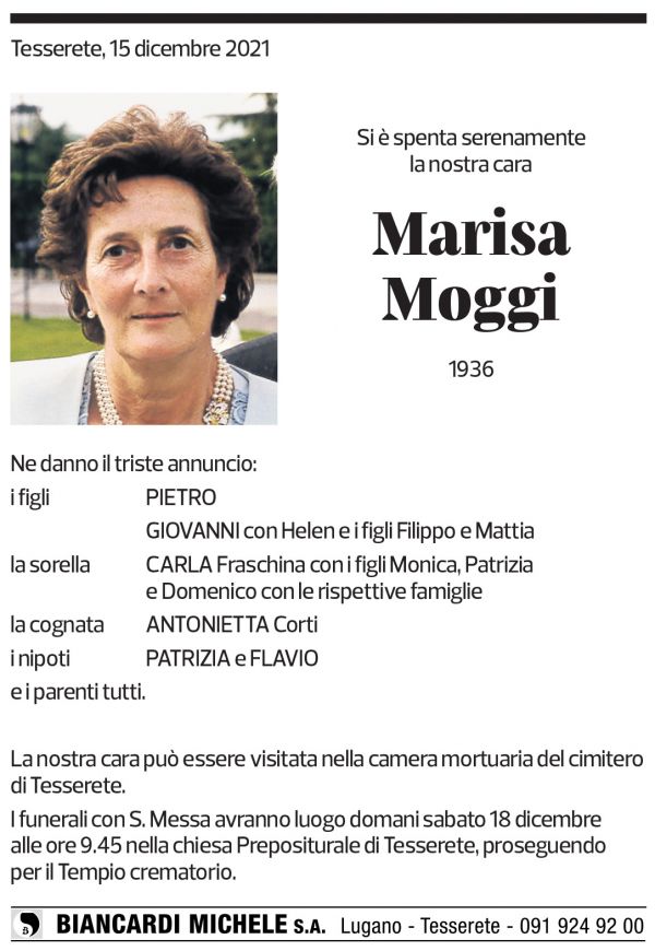 Annuncio funebre Marisa Moggi