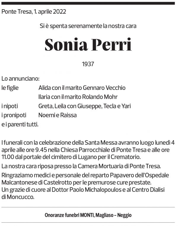 Annuncio funebre Sonia Perri