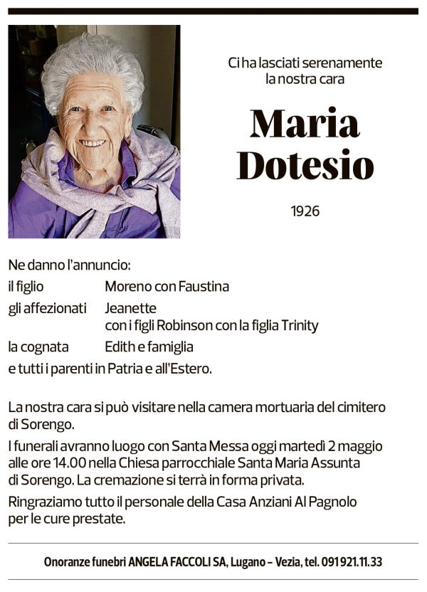 Annuncio funebre Maria Dotesio