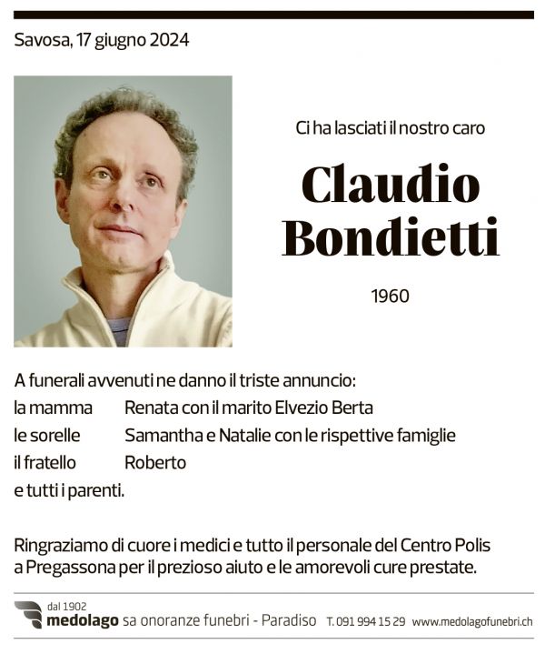 Annuncio funebre Claudio Bondietti