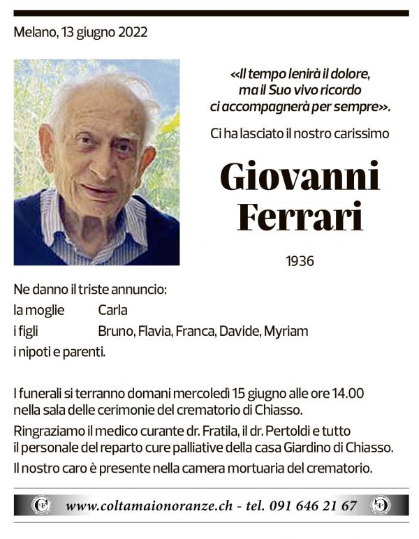 Annuncio funebre Giovanni Ferrari