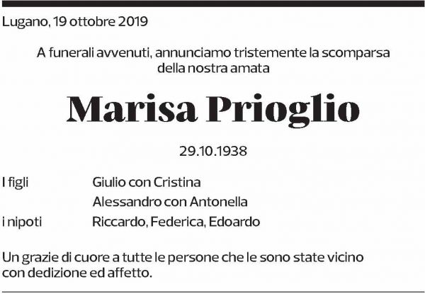 Annuncio funebre Marisa Prioglio