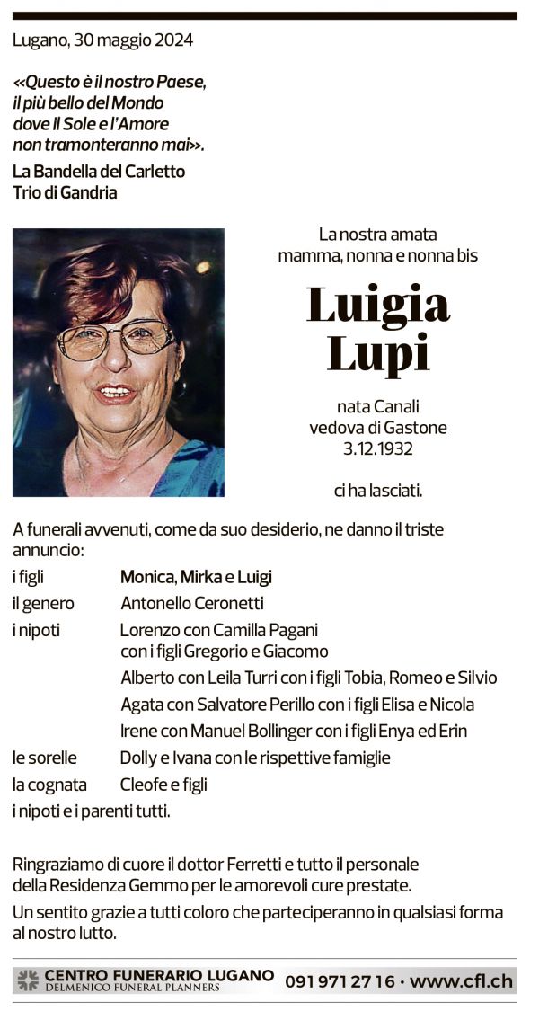 Annuncio funebre Luigia Lupi