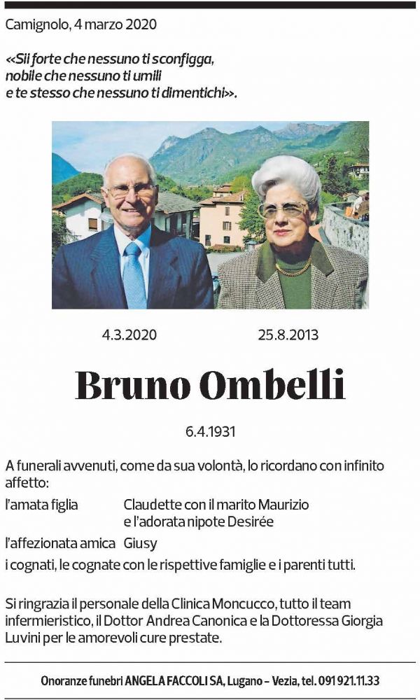 Annuncio funebre Bruno Ombelli