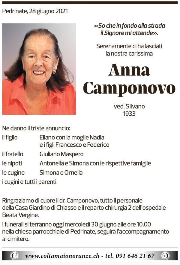 Annuncio funebre Anna Camponovo