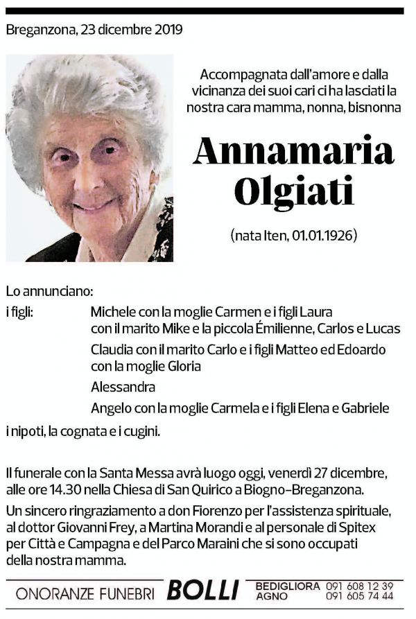 Annuncio funebre Annamaria Olgiati