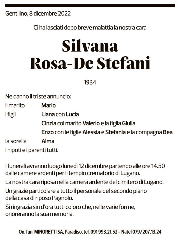 Annuncio funebre Silvana Rosa-de Stefani