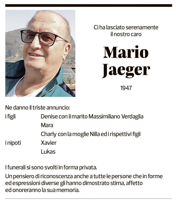 Annuncio funebre Mario Jaeger