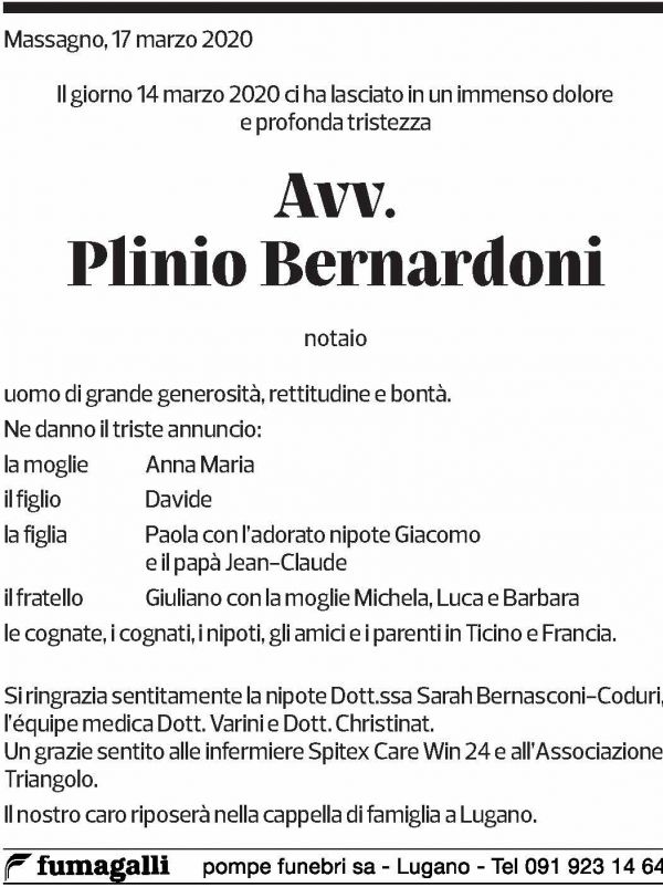 Annuncio funebre Plinio Bernardoni