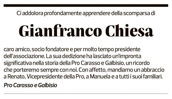 Annuncio funebre Gianfranco Chiesa