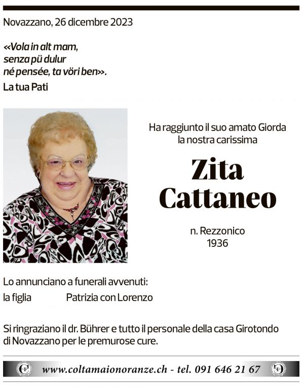 Annuncio funebre Zita Cattaneo