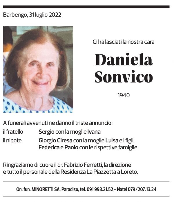 Annuncio funebre Daniela Sonvico