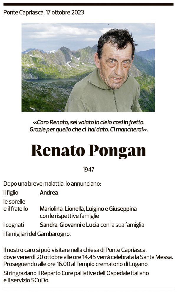 Annuncio funebre Renato Pongan