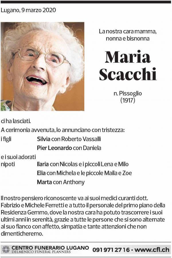 Annuncio funebre Maria Scacchi