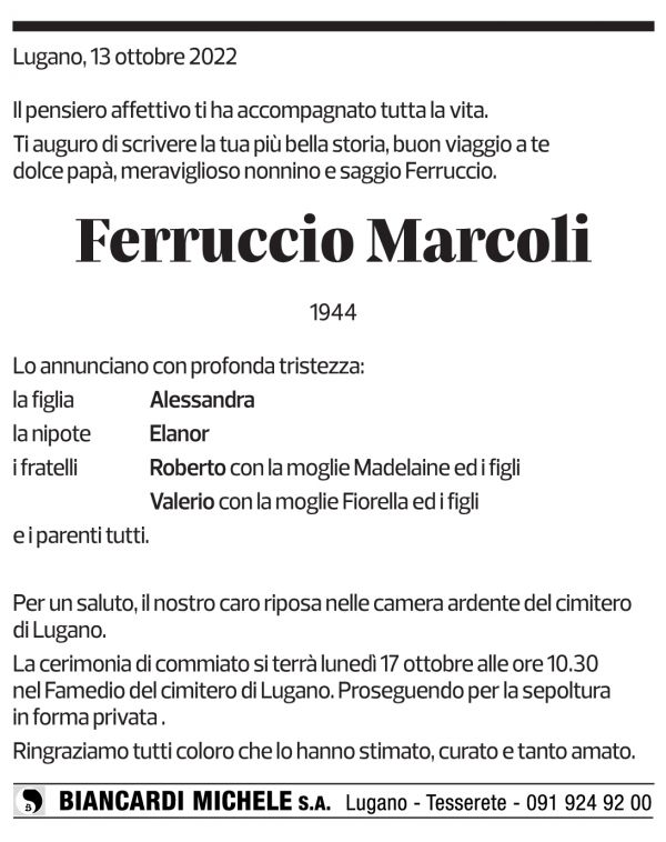 Annuncio funebre Ferruccio Marcoli