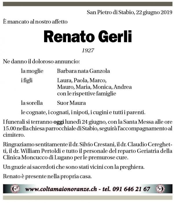 Annuncio funebre Renato Gerli