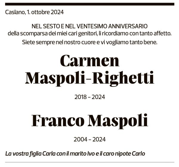 Annuncio funebre Carmen Maspoli-righetti Franco Maspoli