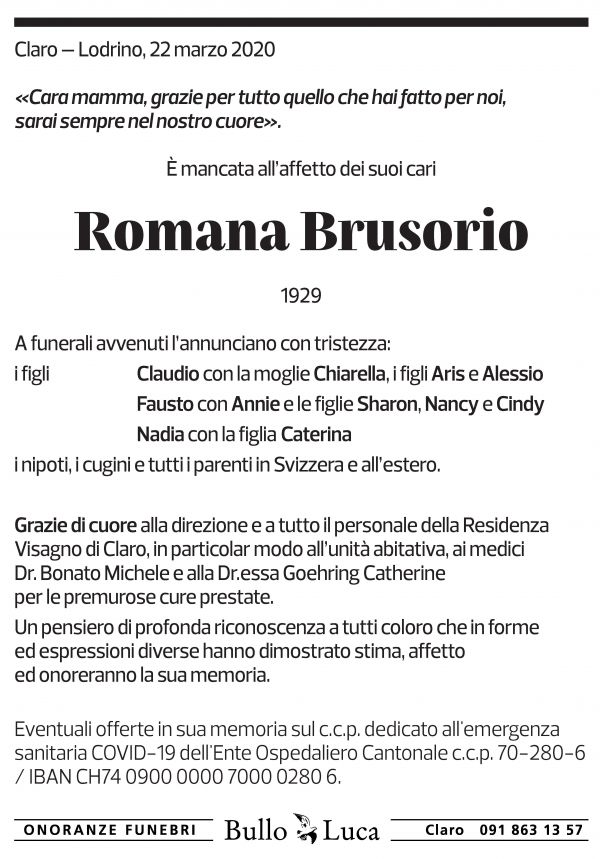 Annuncio funebre Romana Brusorio