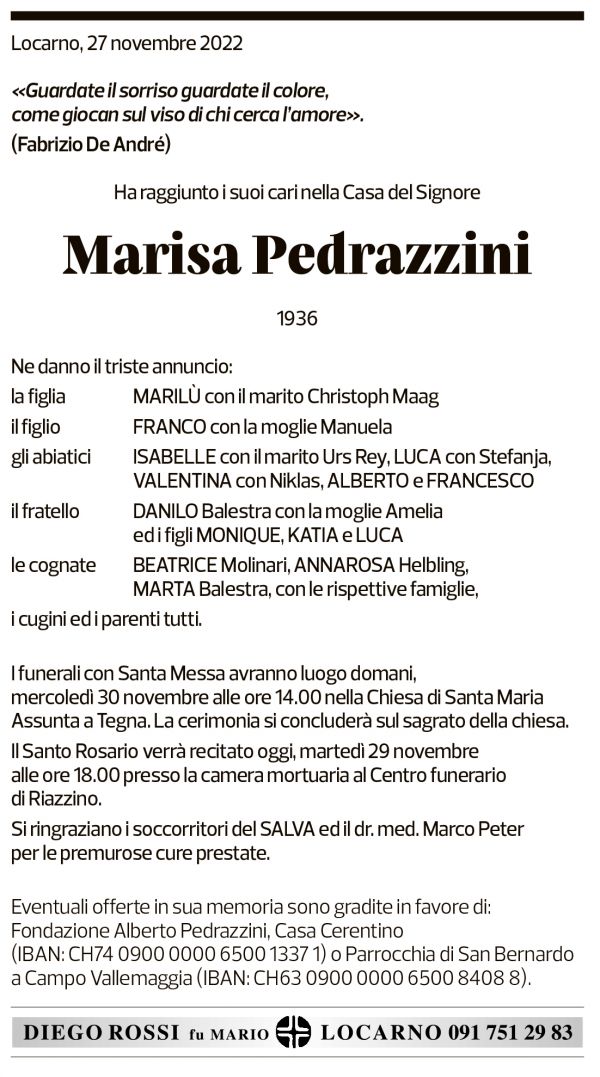 Annuncio funebre Marisa Pedrazzini