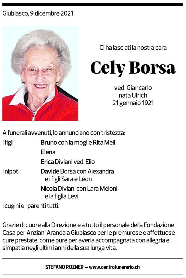 Annuncio funebre Cely Borsa