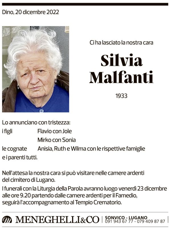 Annuncio funebre Silvia Malfanti