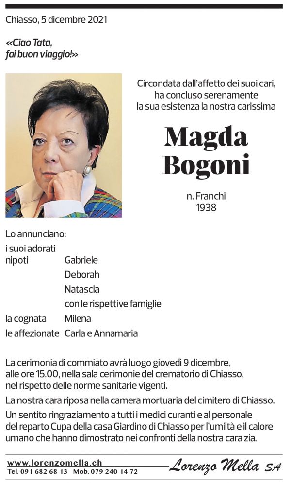 Annuncio funebre Magda Bogoni