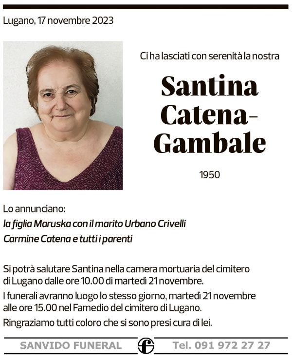 Annuncio funebre Santina Catena-gambale