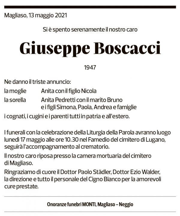 Annuncio funebre Giuseppe Boscacci